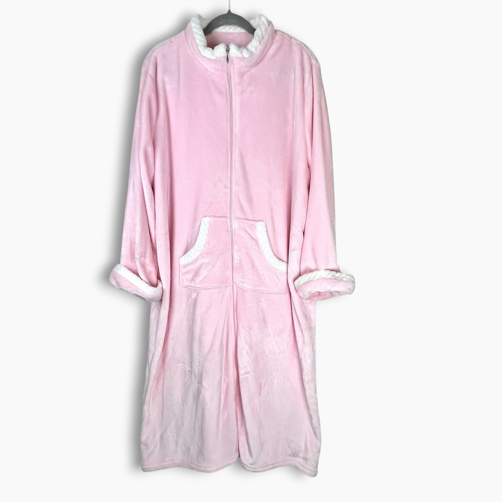 Miss Elaine Woman Pink Plush Fleece Zip Front Robe Long Housecoat 3X